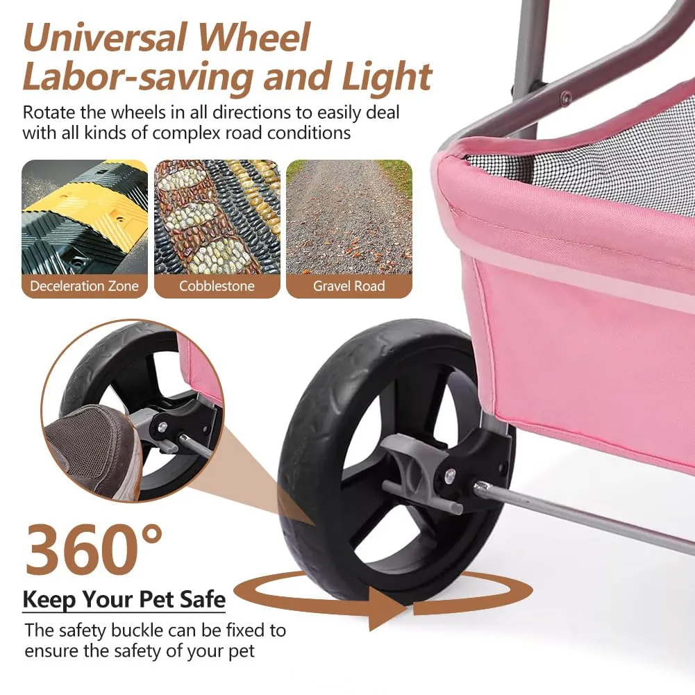 3-Wheel Foldable Pet Stroller for Dogs & Cats - Lightweight Travel Carrier with Cup Holder, Storage Basket & Smooth Ride - Perfect for Walks, Vet Visits (Pink, 3 Wheels)