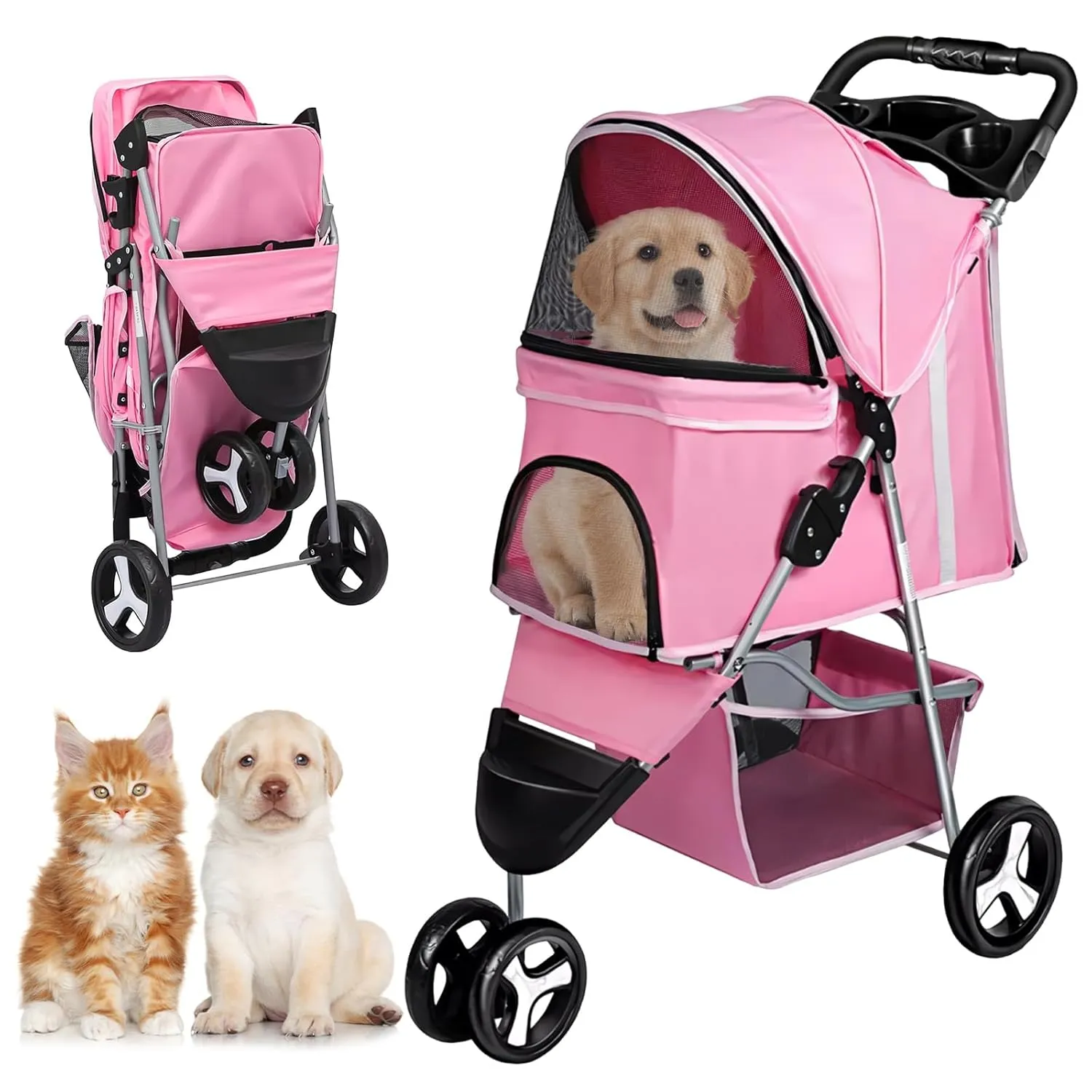 3-Wheel Foldable Pet Stroller for Dogs & Cats - Lightweight Travel Carrier with Cup Holder, Storage Basket & Smooth Ride - Perfect for Walks, Vet Visits (Pink, 3 Wheels)