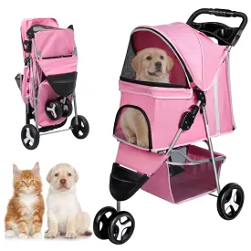 3-Wheel Foldable Pet Stroller for Dogs & Cats - Lightweight Travel Carrier with Cup Holder, Storage Basket & Smooth Ride - Perfect for Walks, Vet Visits (Pink, 3 Wheels)