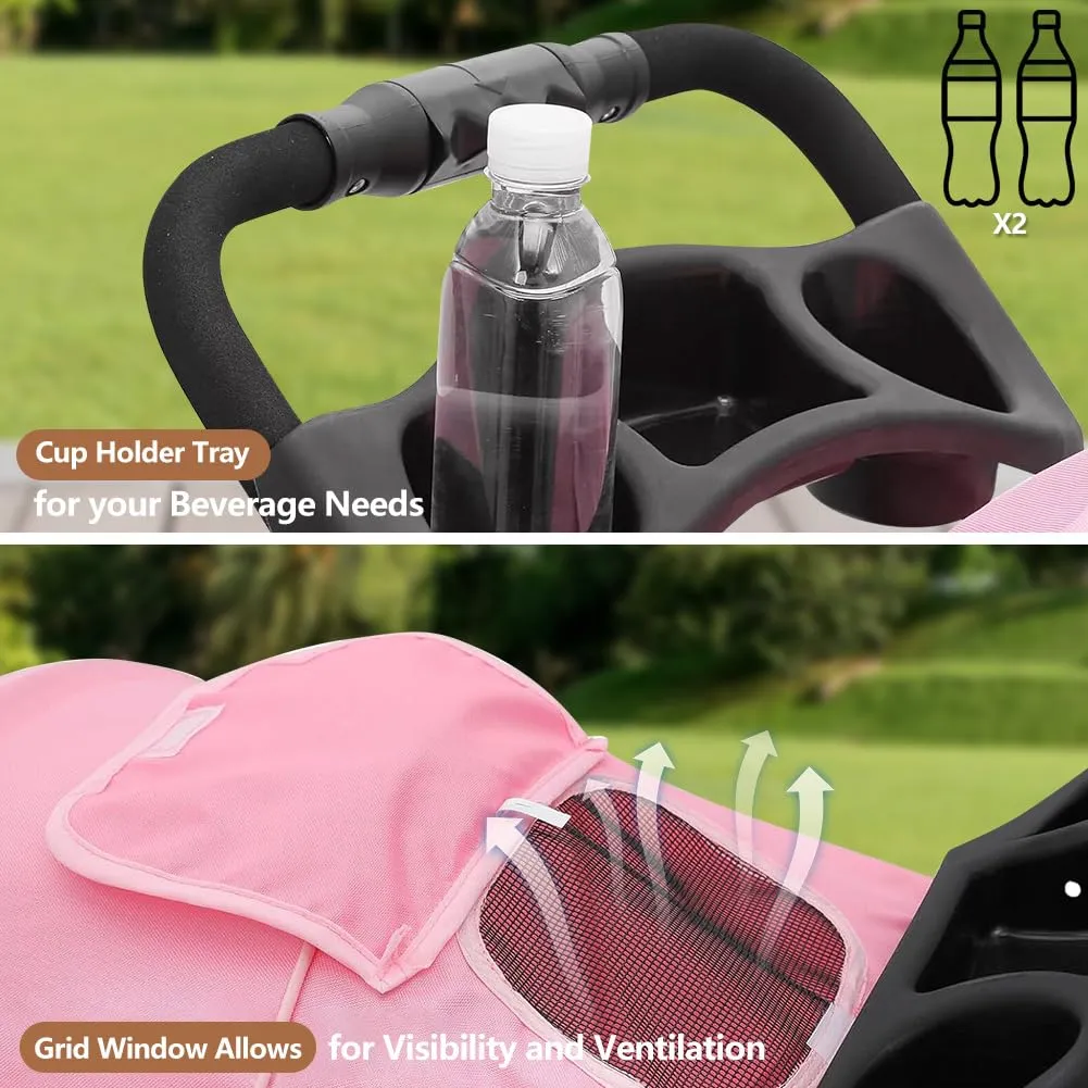 3-Wheel Foldable Pet Stroller for Dogs & Cats - Lightweight Travel Carrier with Cup Holder, Storage Basket & Smooth Ride - Perfect for Walks, Vet Visits (Pink, 3 Wheels)