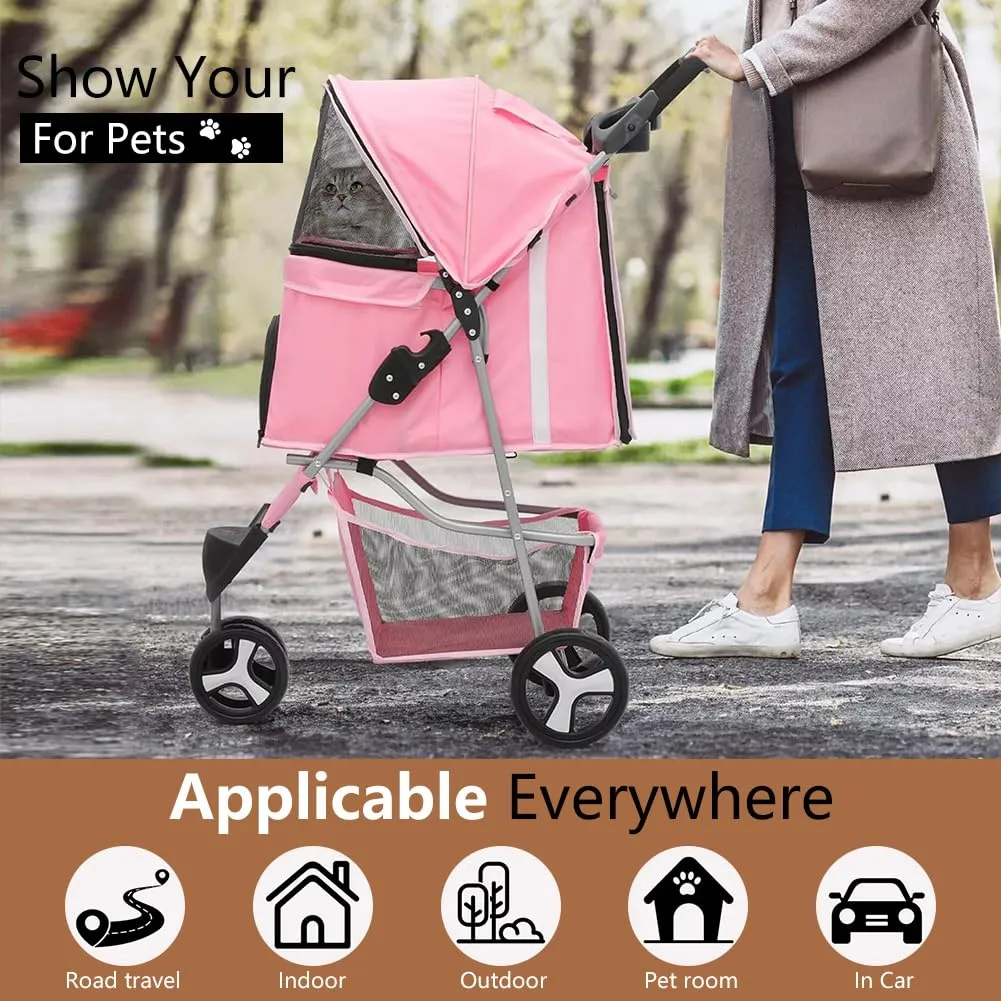 3-Wheel Foldable Pet Stroller for Dogs & Cats - Lightweight Travel Carrier with Cup Holder, Storage Basket & Smooth Ride - Perfect for Walks, Vet Visits (Pink, 3 Wheels)