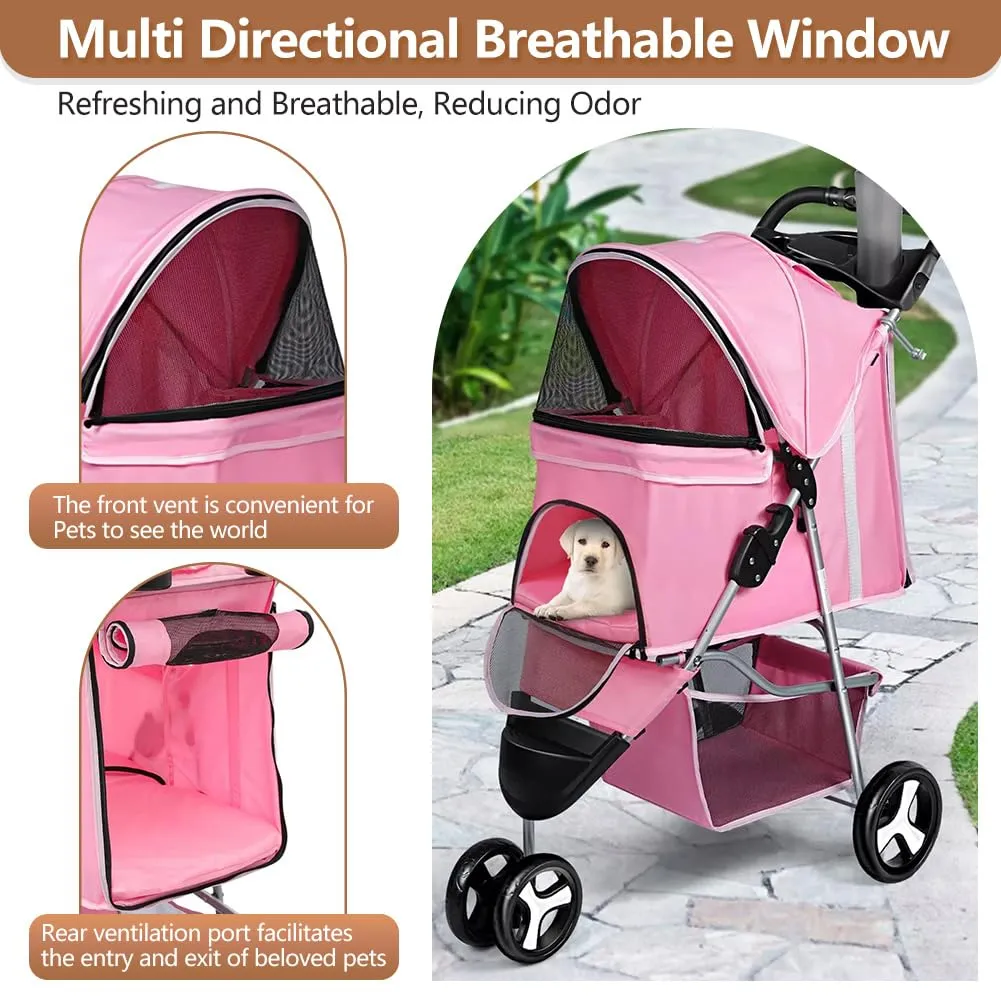 3-Wheel Foldable Pet Stroller for Dogs & Cats - Lightweight Travel Carrier with Cup Holder, Storage Basket & Smooth Ride - Perfect for Walks, Vet Visits (Pink, 3 Wheels)