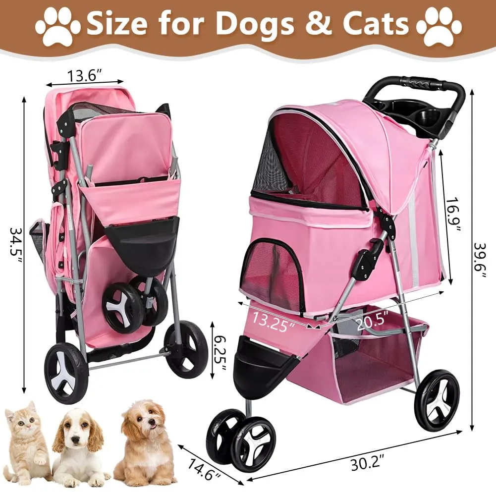 3-Wheel Foldable Pet Stroller for Dogs & Cats - Lightweight Travel Carrier with Cup Holder, Storage Basket & Smooth Ride - Perfect for Walks, Vet Visits (Pink, 3 Wheels)