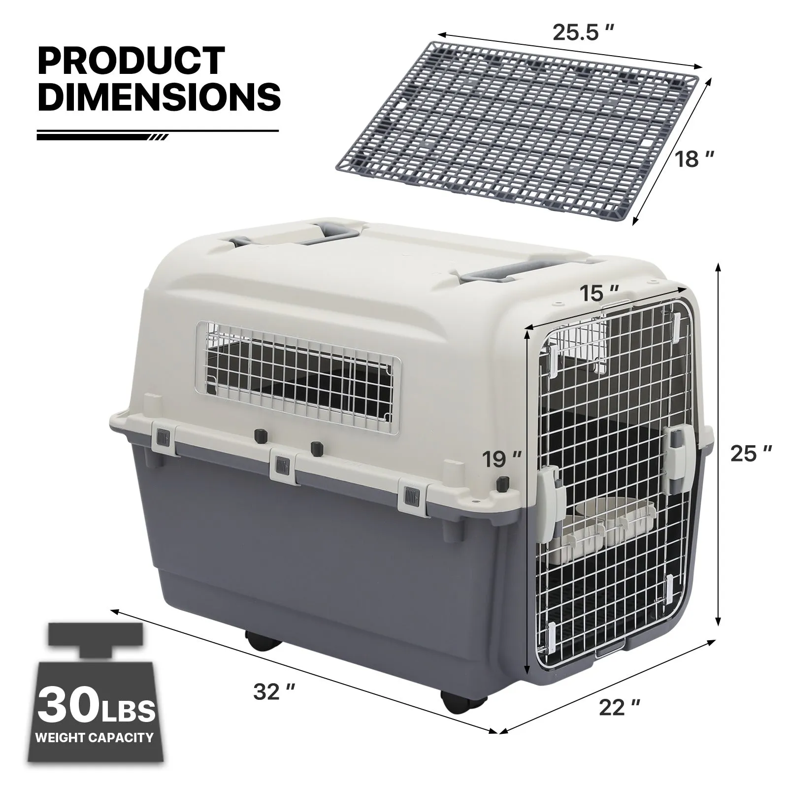 32" Pet Hard Sided Travel Carrier - Up to 40 lbs - Detachable Door