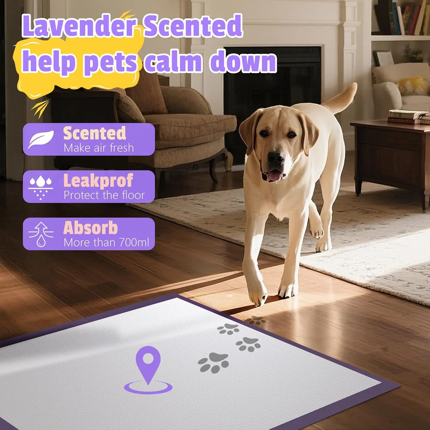 Bulubaky 30"x36" Lavender Scented Thicken 6 Layers Heavy Absorbent Pet Training Dog Pee Pads, Extra Large Polymer Leak-Proof Quick Dry Puppy Pee Pads, Disposable Pee Pads 100Counts
