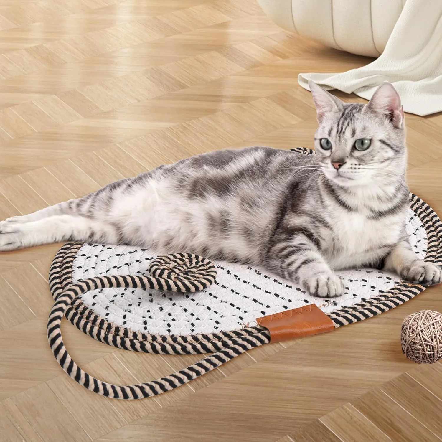 Cat Scratcher Mat Natural Cotton Rope Oval Horizontal Floor Cat Scratch Bed Pad with Ball Toy Protector for Furniture Floor Wall (Grey)