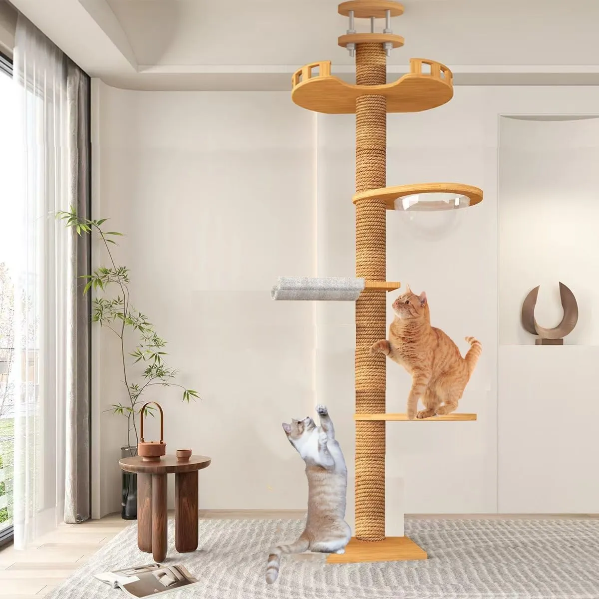 Cat Tree Floor to Ceiling(92"-110") Cat Tower Height Adjustable,Wooden Cat Tree,Floor to Ceiling cat Tree,Space Capsule,Cat Jumping Platform, Sisal Scratching Post,Bed,Interactive Toy