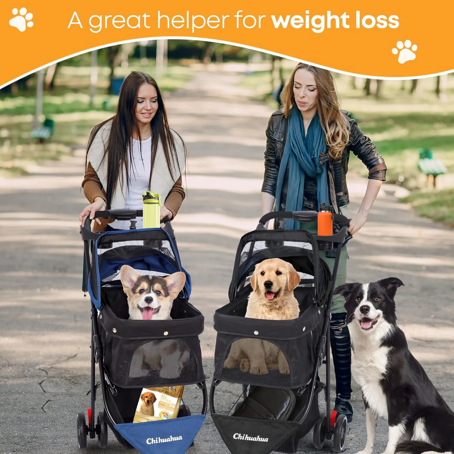 CHIHUAHUA 2-in-1 Foldable Pet Stroller with Canopy,3 Wheels Pet Strolling Cart for Small/Medium Dogs and Cats with Removable Carrier, Breathable Mesh,Cup Holders, Easy Assembly,Black