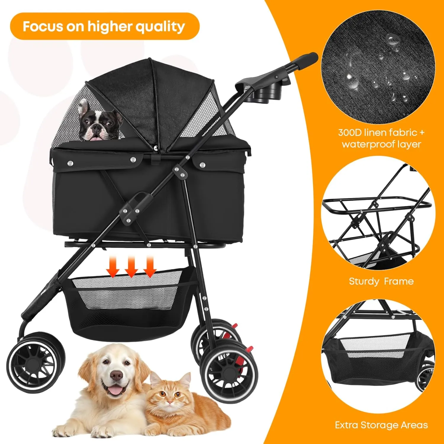 CHIHUAHUA 2-in-1 Foldable Pet Stroller with Canopy,3 Wheels Pet Strolling Cart for Small/Medium Dogs and Cats with Removable Carrier, Breathable Mesh,Cup Holders, Easy Assembly,Black