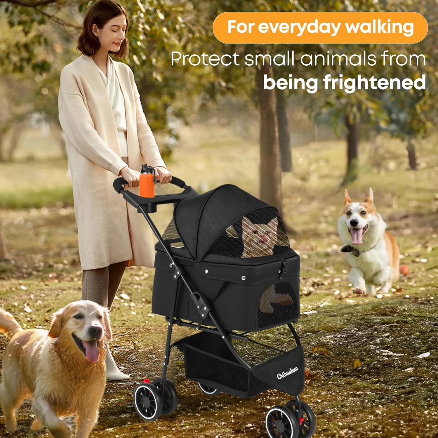CHIHUAHUA 2-in-1 Foldable Pet Stroller with Canopy,3 Wheels Pet Strolling Cart for Small/Medium Dogs and Cats with Removable Carrier, Breathable Mesh,Cup Holders, Easy Assembly,Black