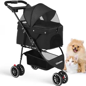 CHIHUAHUA 2-in-1 Foldable Pet Stroller with Canopy,3 Wheels Pet Strolling Cart for Small/Medium Dogs and Cats with Removable Carrier, Breathable Mesh,Cup Holders, Easy Assembly,Black
