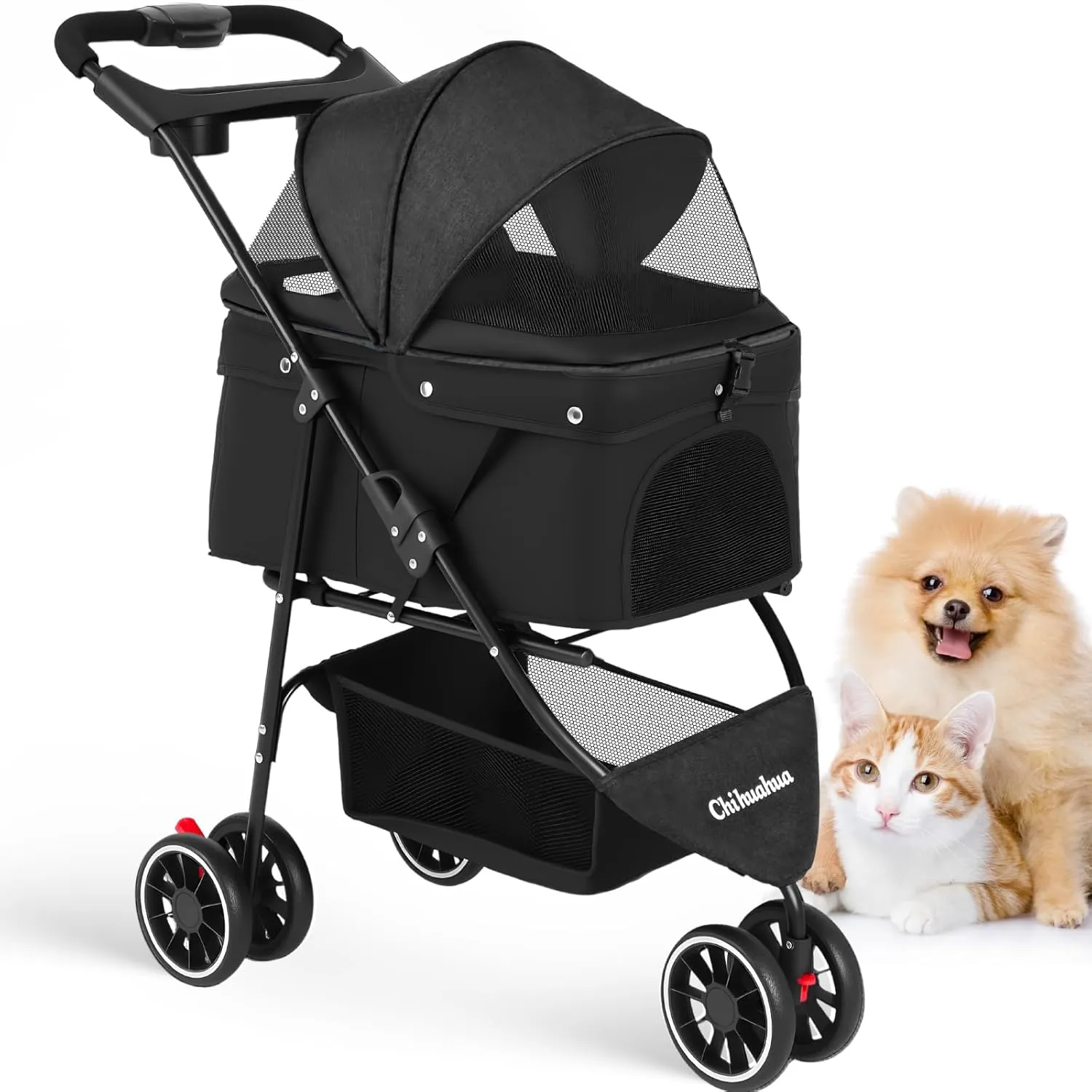 CHIHUAHUA 2-in-1 Foldable Pet Stroller with Canopy,3 Wheels Pet Strolling Cart for Small/Medium Dogs and Cats with Removable Carrier, Breathable Mesh,Cup Holders, Easy Assembly,Black