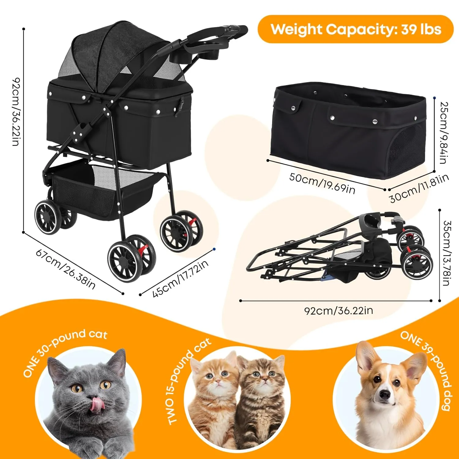 CHIHUAHUA 2-in-1 Foldable Pet Stroller with Canopy,3 Wheels Pet Strolling Cart for Small/Medium Dogs and Cats with Removable Carrier, Breathable Mesh,Cup Holders, Easy Assembly,Black