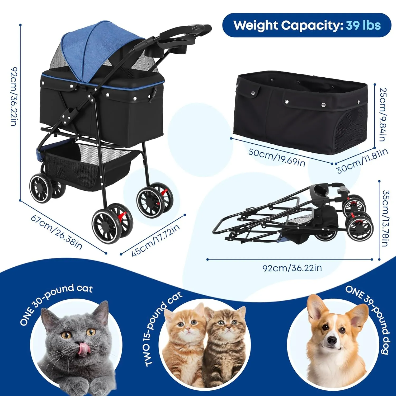 CHIHUAHUA 2-in-1 Foldable Pet Stroller with Canopy,3 Wheels Pet Strolling Cart for Small/Medium Dogs and Cats with Removable Carrier, Breathable Mesh,Cup Holders, Easy Assembly,Blue Black