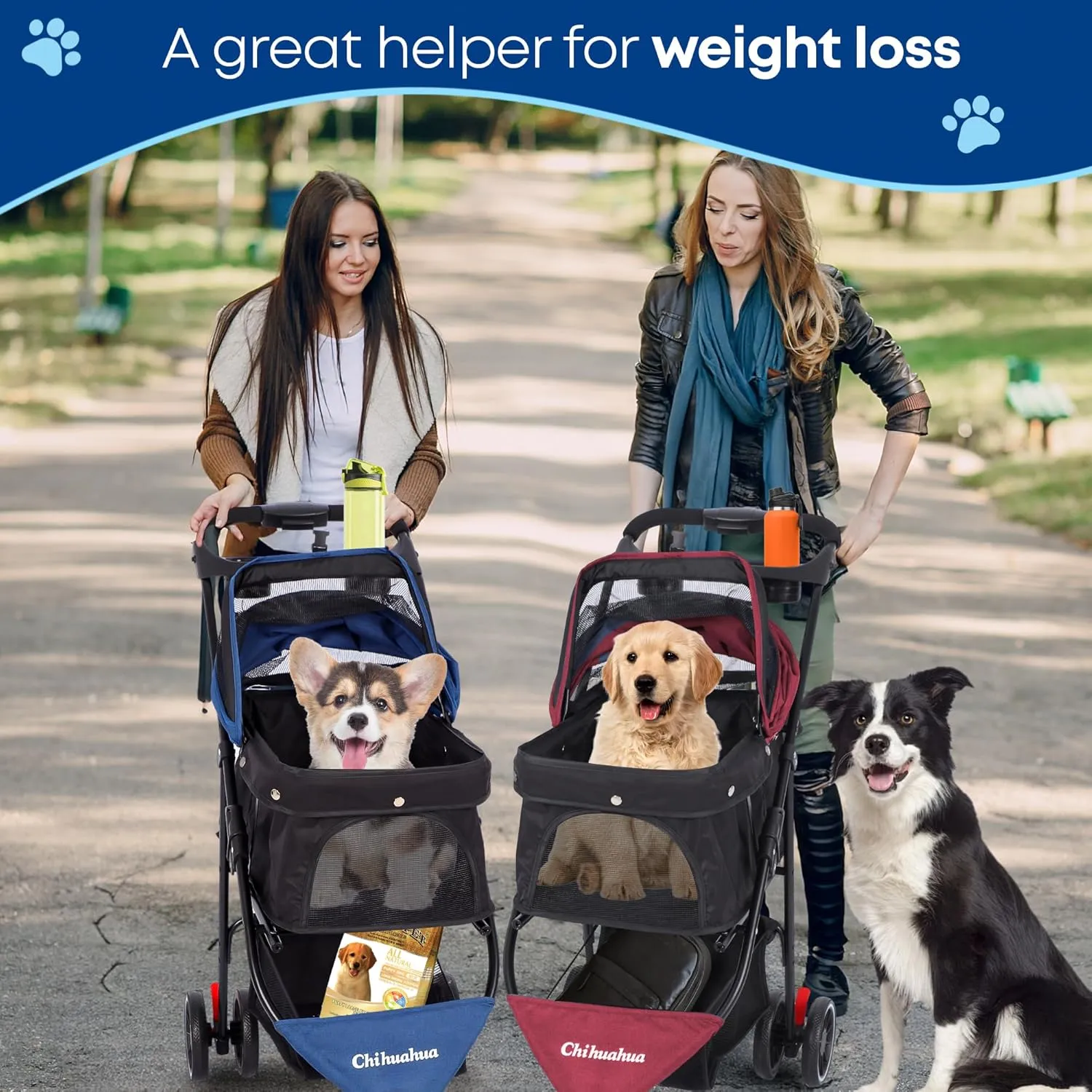 CHIHUAHUA 2-in-1 Foldable Pet Stroller with Canopy,3 Wheels Pet Strolling Cart for Small/Medium Dogs and Cats with Removable Carrier, Breathable Mesh,Cup Holders, Easy Assembly,Blue Black
