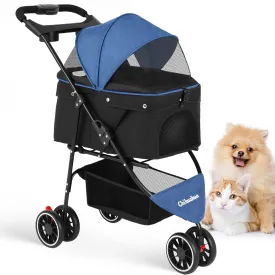 CHIHUAHUA 2-in-1 Foldable Pet Stroller with Canopy,3 Wheels Pet Strolling Cart for Small/Medium Dogs and Cats with Removable Carrier, Breathable Mesh,Cup Holders, Easy Assembly,Blue Black