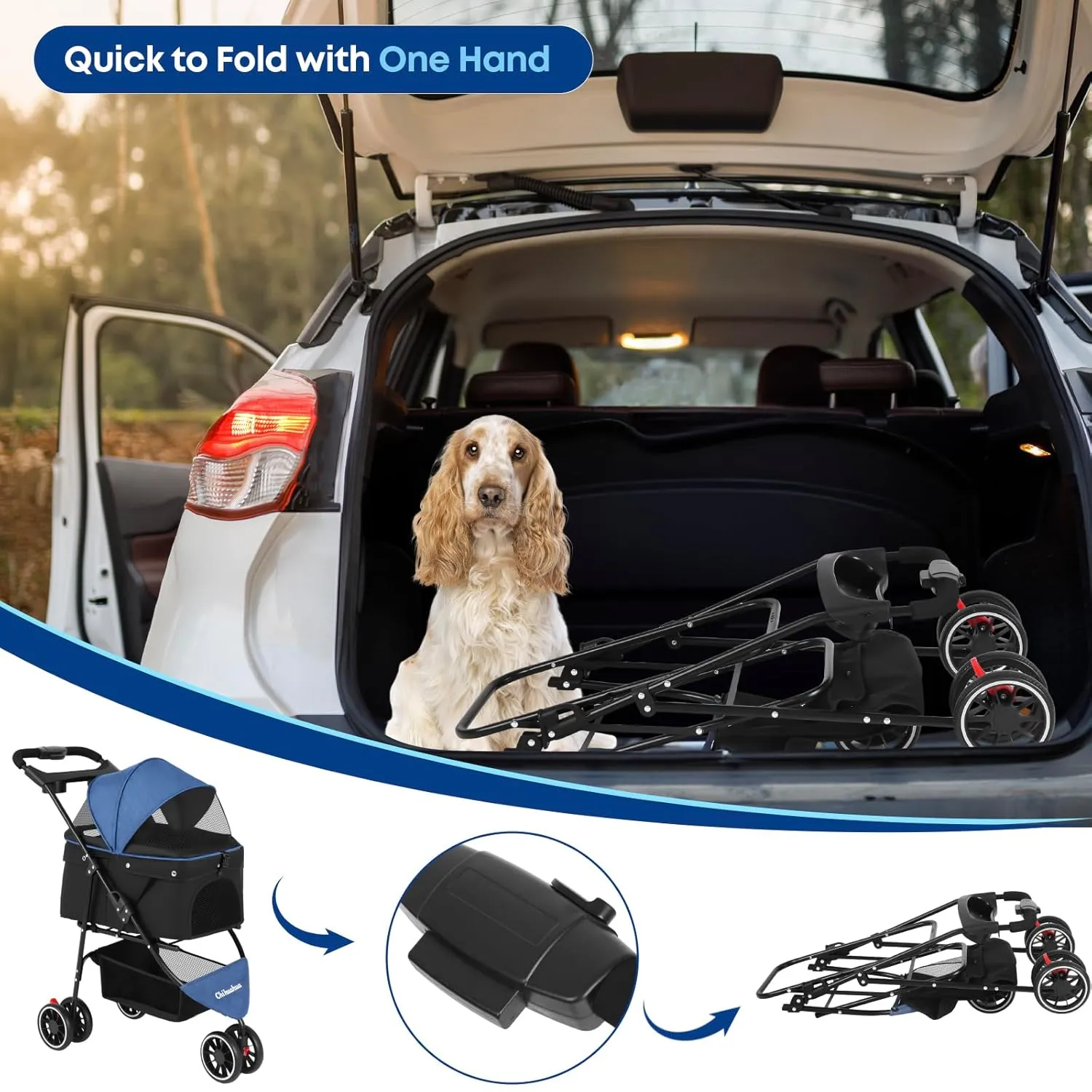 CHIHUAHUA 2-in-1 Foldable Pet Stroller with Canopy,3 Wheels Pet Strolling Cart for Small/Medium Dogs and Cats with Removable Carrier, Breathable Mesh,Cup Holders, Easy Assembly,Blue Black