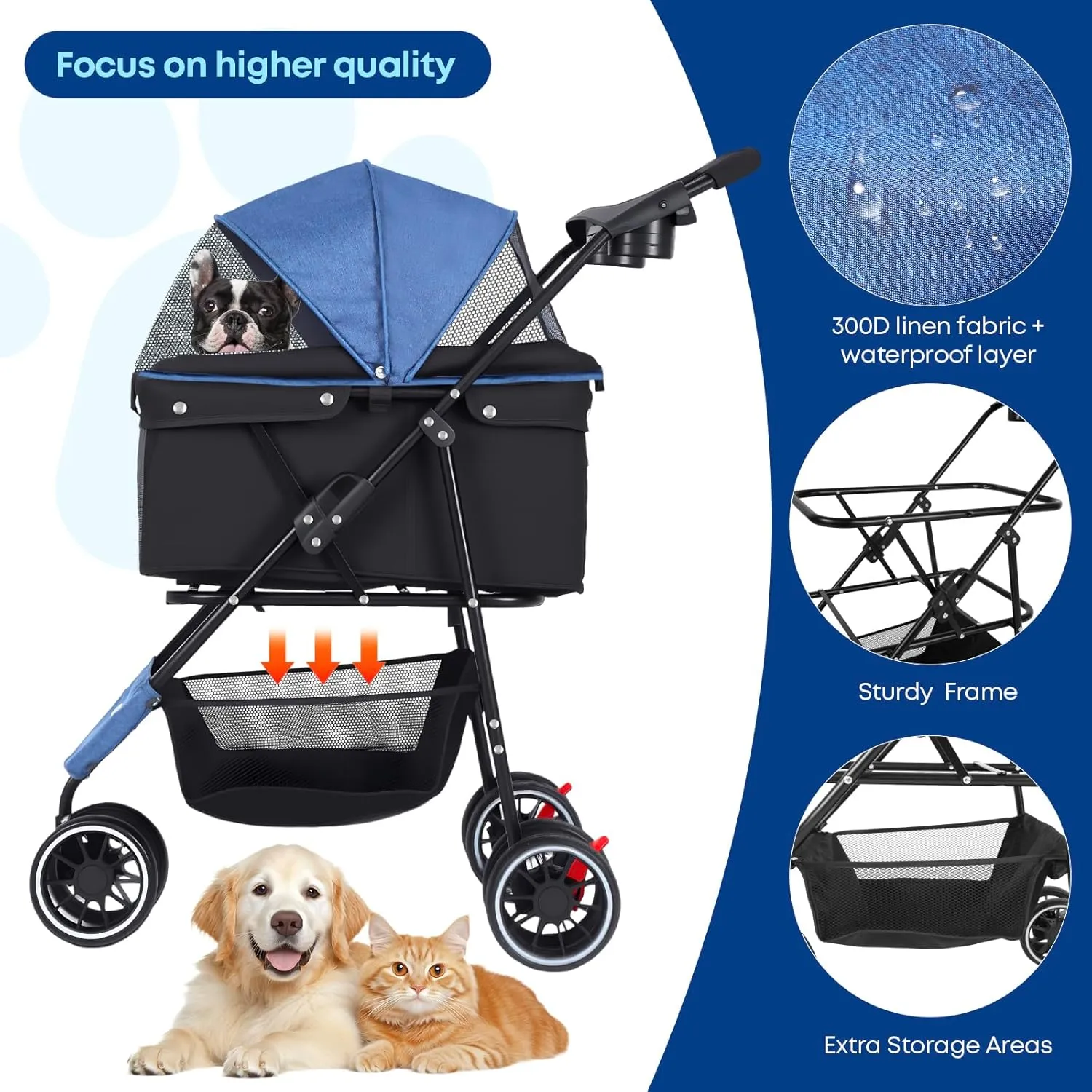 CHIHUAHUA 2-in-1 Foldable Pet Stroller with Canopy,3 Wheels Pet Strolling Cart for Small/Medium Dogs and Cats with Removable Carrier, Breathable Mesh,Cup Holders, Easy Assembly,Blue Black