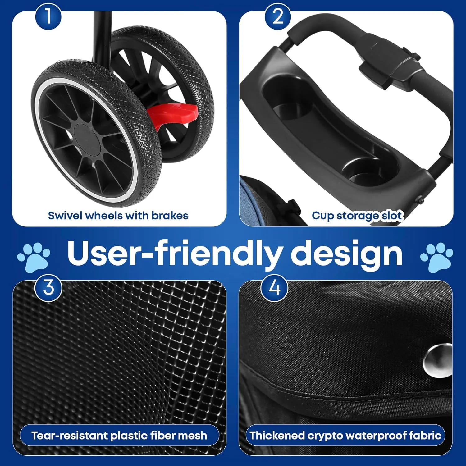 CHIHUAHUA 2-in-1 Foldable Pet Stroller with Canopy,3 Wheels Pet Strolling Cart for Small/Medium Dogs and Cats with Removable Carrier, Breathable Mesh,Cup Holders, Easy Assembly,Blue Black