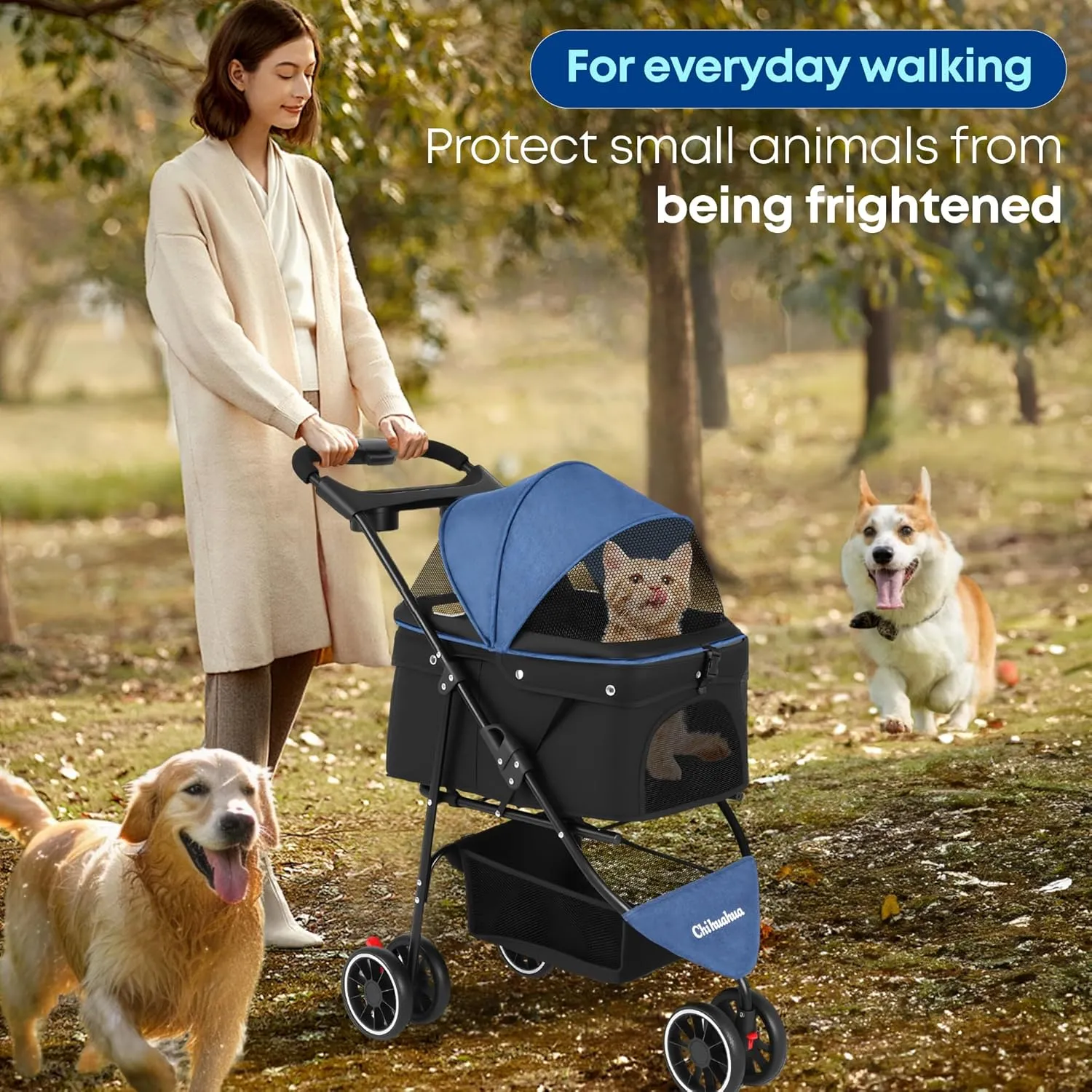 CHIHUAHUA 2-in-1 Foldable Pet Stroller with Canopy,3 Wheels Pet Strolling Cart for Small/Medium Dogs and Cats with Removable Carrier, Breathable Mesh,Cup Holders, Easy Assembly,Blue Black