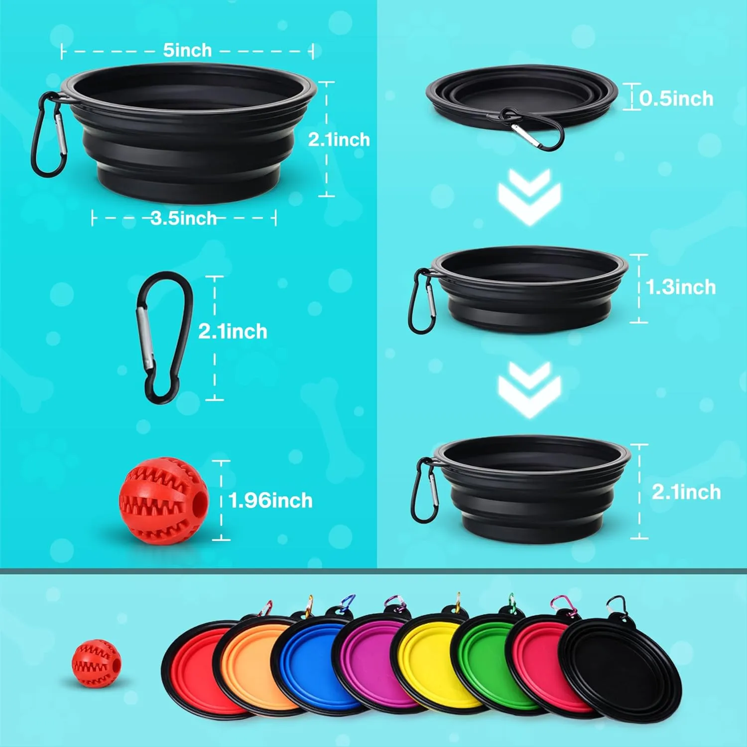 Collapsible dog bowls, 350 ml | Red Travel Bowls | 2 Pack Portable Water Fountain for Dogs, Cats and Pets with 2 Carabiners | and toy ball for dogs and cats | BPA free