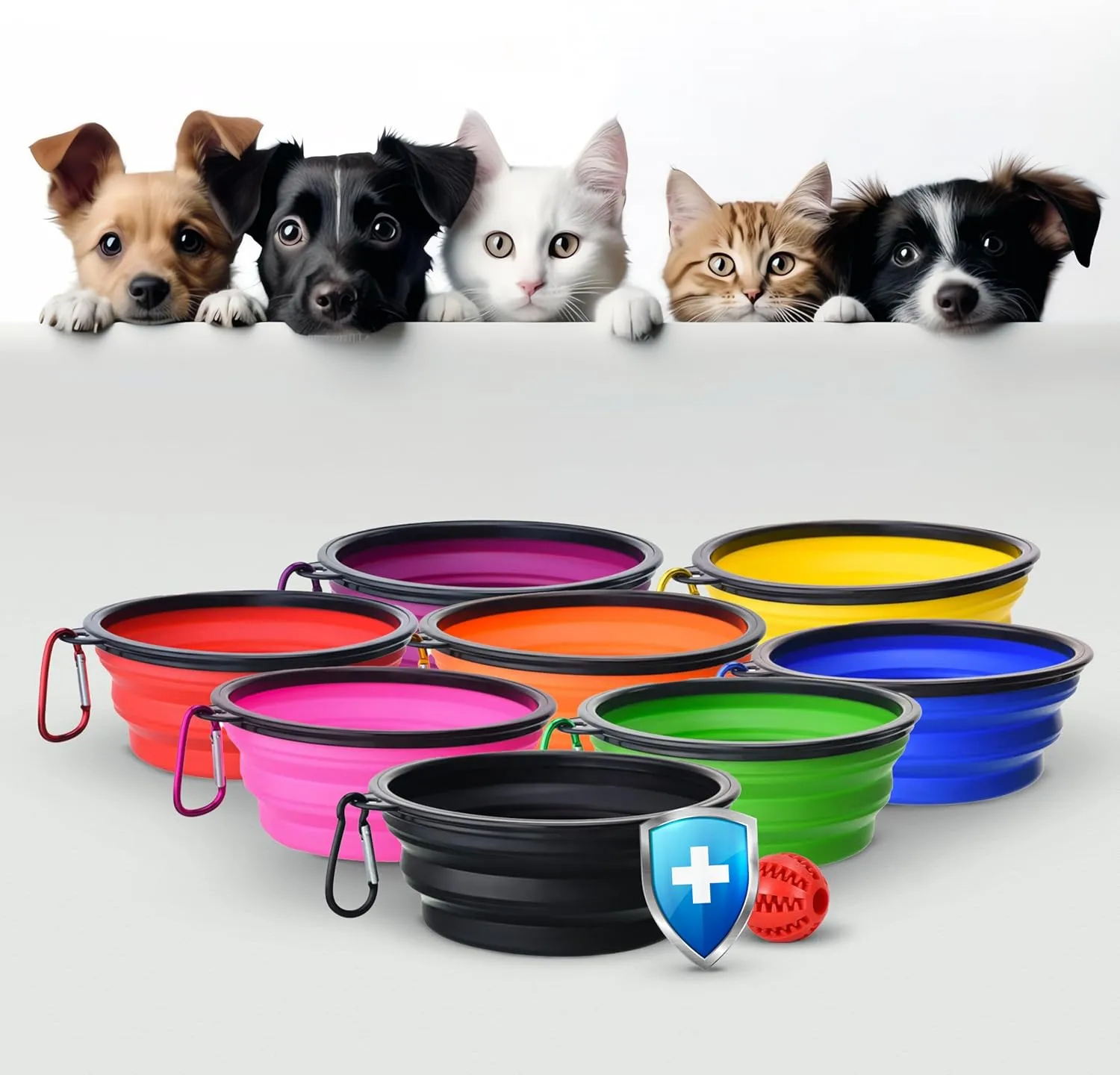 Collapsible dog bowls, 350 ml | Red Travel Bowls | 2 Pack Portable Water Fountain for Dogs, Cats and Pets with 2 Carabiners | and toy ball for dogs and cats | BPA free