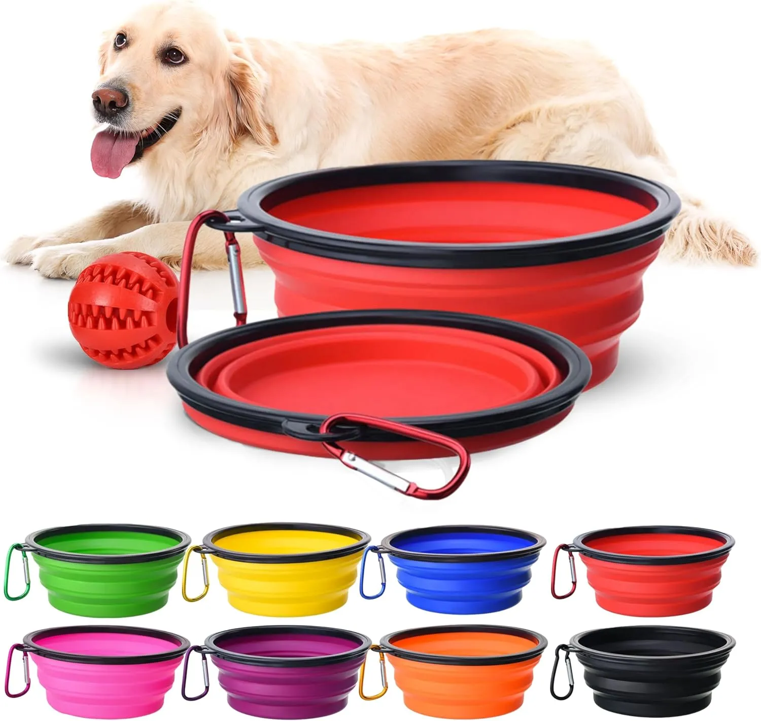Collapsible dog bowls, 350 ml | Red Travel Bowls | 2 Pack Portable Water Fountain for Dogs, Cats and Pets with 2 Carabiners | and toy ball for dogs and cats | BPA free