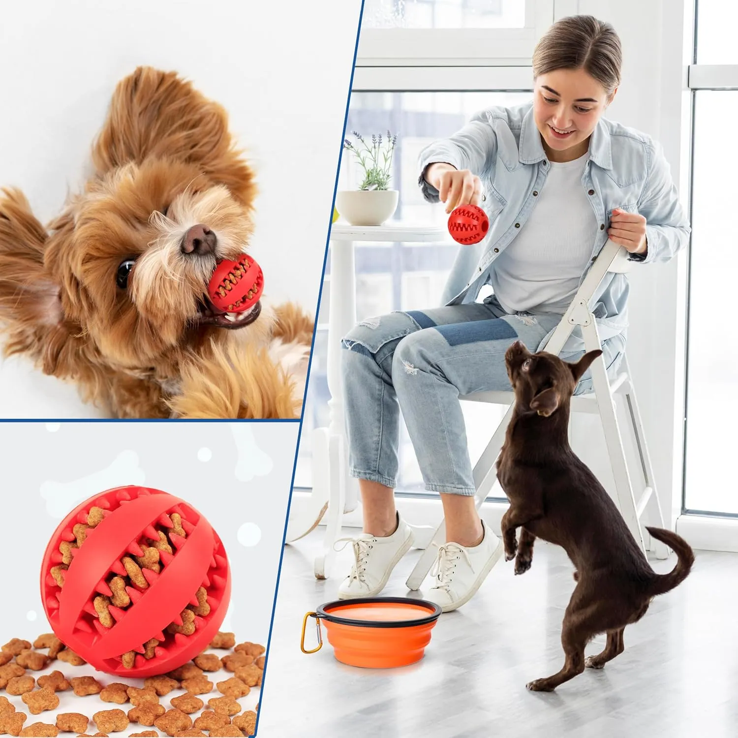Collapsible dog bowls, 350 ml | Red Travel Bowls | 2 Pack Portable Water Fountain for Dogs, Cats and Pets with 2 Carabiners | and toy ball for dogs and cats | BPA free