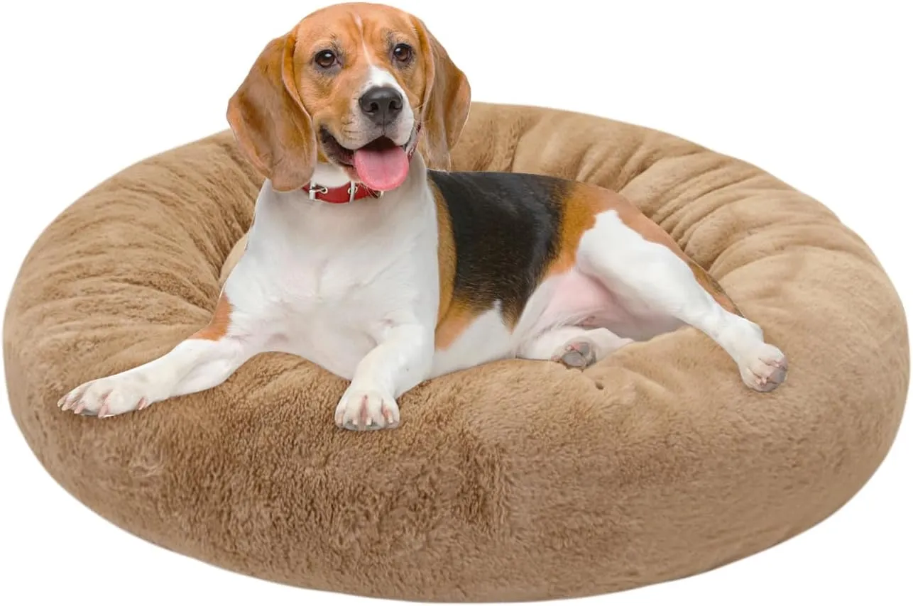Dog Bed for Large Dogs, 30 inch Calming Dogs & Cat Bed, Washable Round Cozy Soft Pet Bed for Puppy and Kitten with Slip-Resistant Bottom, Fluffy Plush Faux Fur Donut Cuddler Dog Bed
