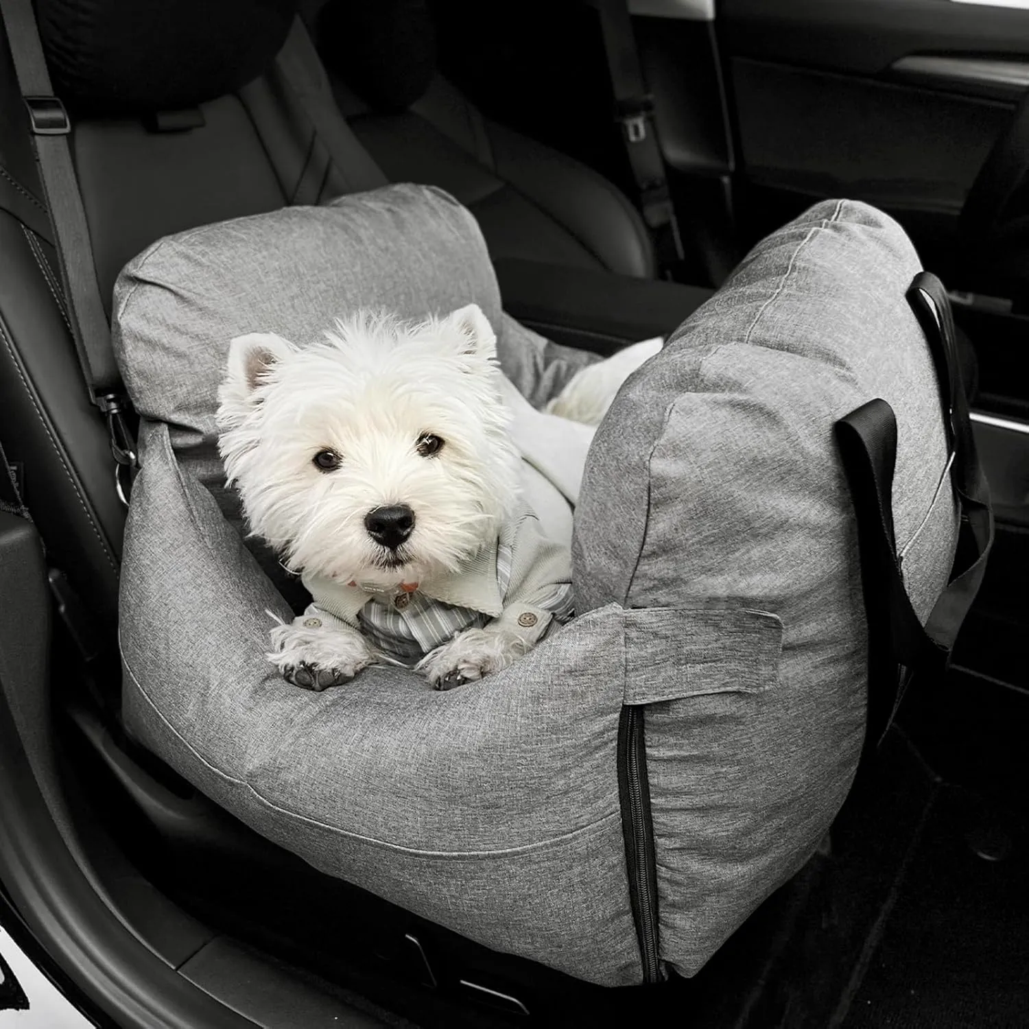 Dog Car Seat for Small Dogs Grey Detachable Dog Booster Car Seat with Storage Pockets and Dog Safety Belt, Anti-Slip Pet Travel Carrier Bed for Easy Cleaning