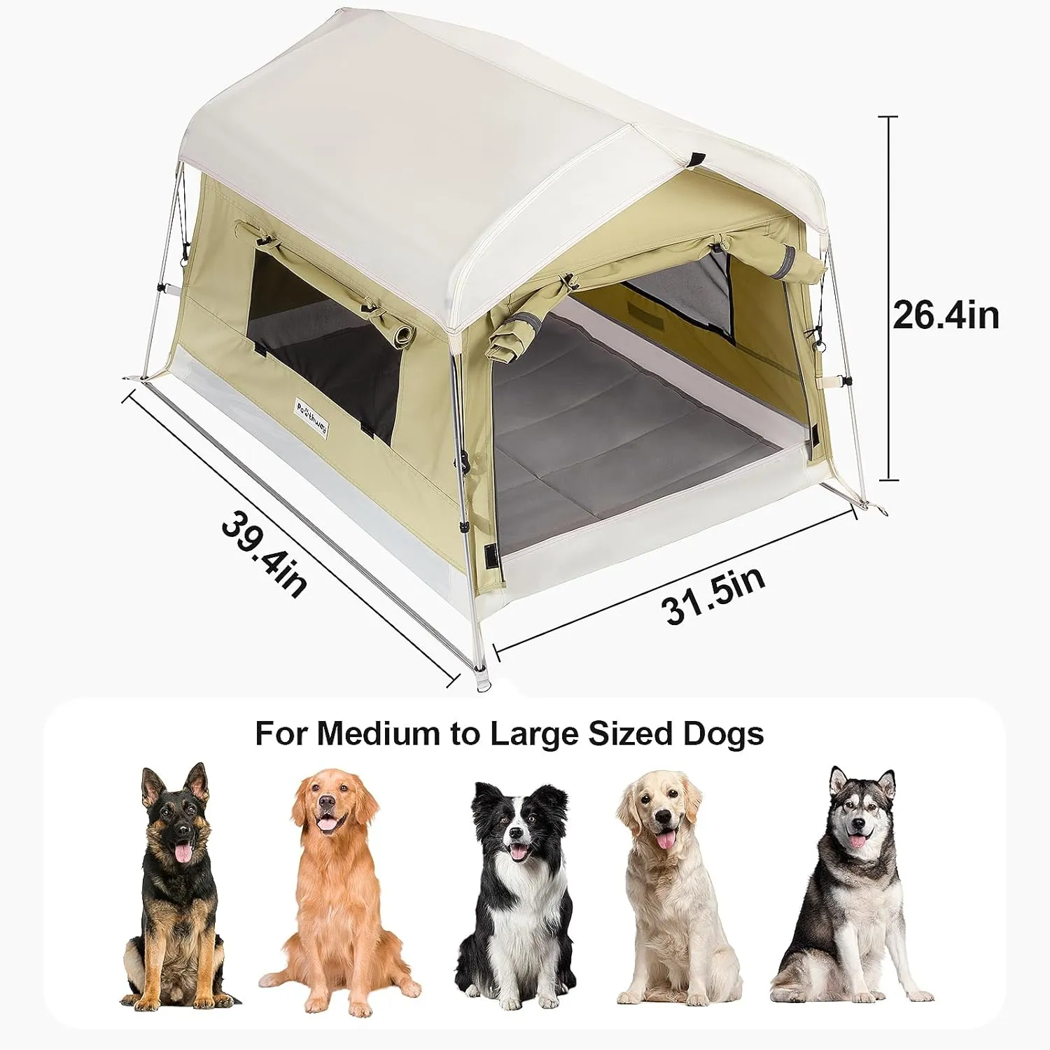 Dog Tent Cotton Fabric, Aluminum Poles and Camping Mat, Outdoor Weatherproof, Dog House Outdoor, Breathable with 2 Side Windows, Portable and Collapsible (Green, Large)