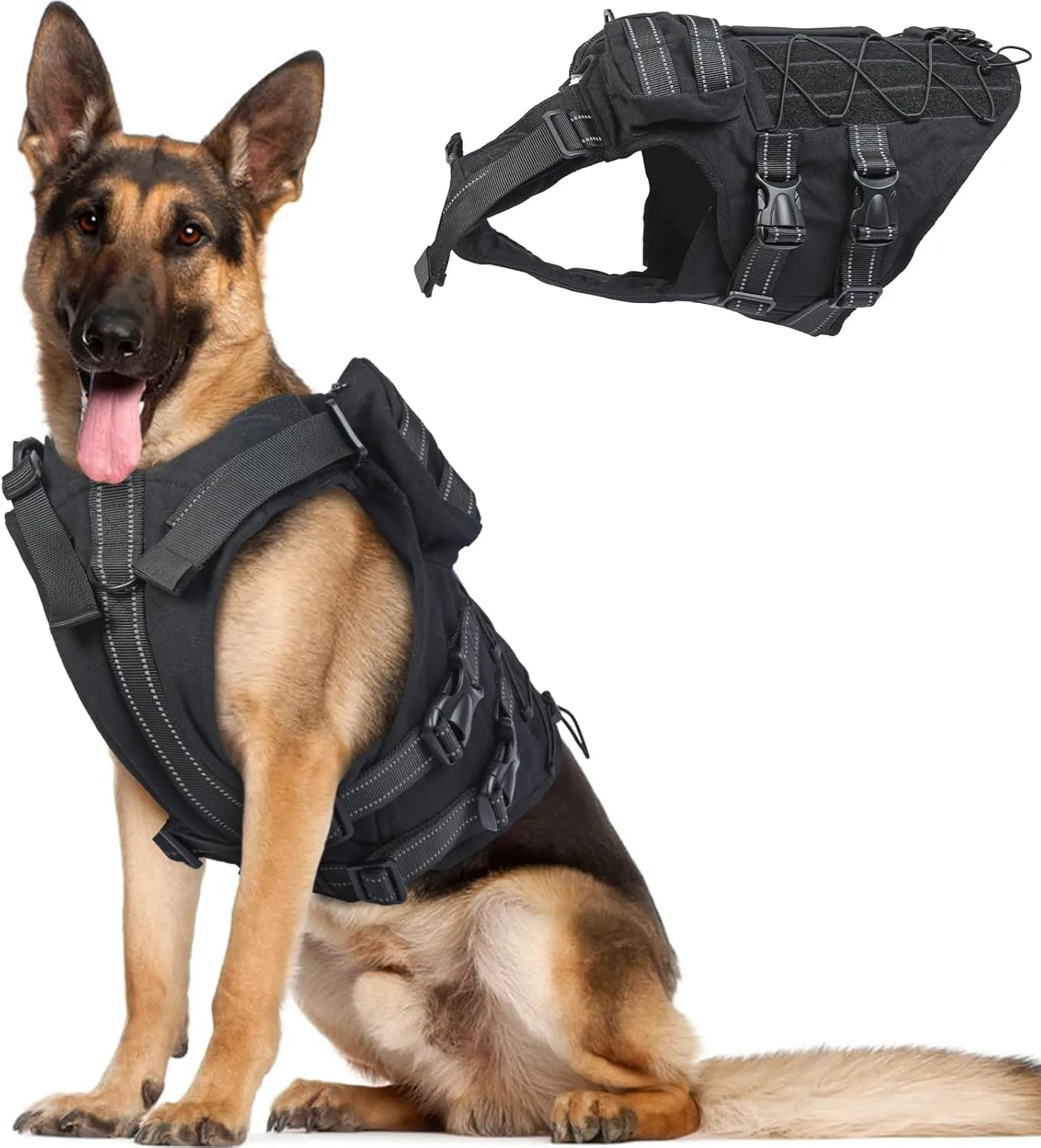 DORA BRIDAL Tactical Dog Harness with Handle for Small Medium and Large Dogs, Dog Winter Coat with Harness, 6X Buckle, Reflective Adjustable Military Service Dog Harness with Pouches, Black, XXXL