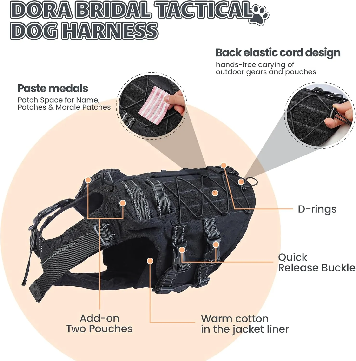 DORA BRIDAL Tactical Dog Harness with Handle for Small Medium and Large Dogs, Dog Winter Coat with Harness, 6X Buckle, Reflective Adjustable Military Service Dog Harness with Pouches, Black, XXXL