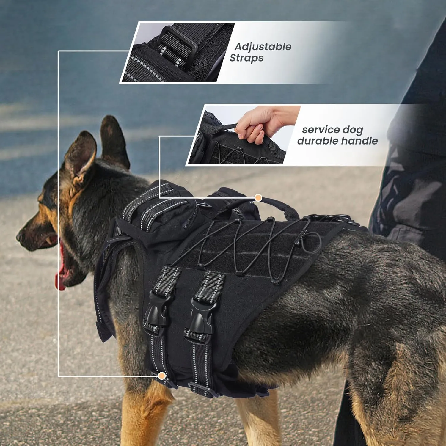 DORA BRIDAL Tactical Dog Harness with Handle for Small Medium and Large Dogs, Dog Winter Coat with Harness, 6X Buckle, Reflective Adjustable Military Service Dog Harness with Pouches, Black, XXXL