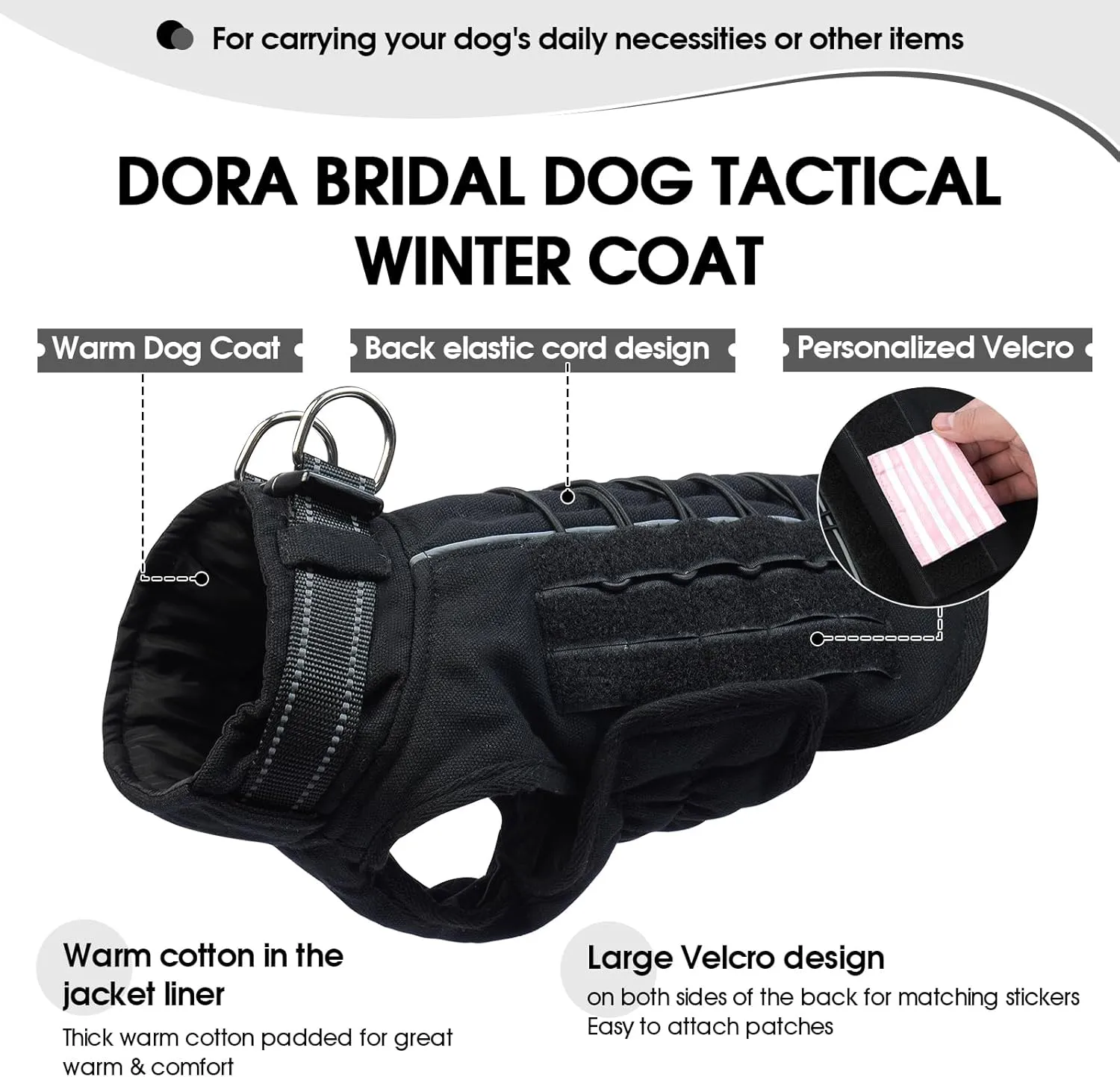 DORA BRIDAL Tactical Winter Coat, Adjustable Military Service Harness for Training, Walking, Hiking, Vest With Molle Panels and 3 Pouches for Small Medium Large Dogs, Black, L