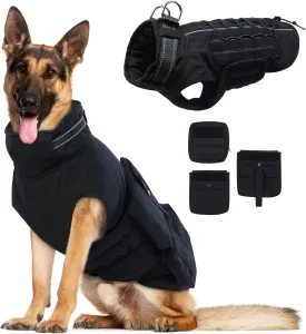 DORA BRIDAL Tactical Winter Coat, Adjustable Military Service Harness for Training, Walking, Hiking, Vest With Molle Panels and 3 Pouches for Small Medium Large Dogs, Black, L