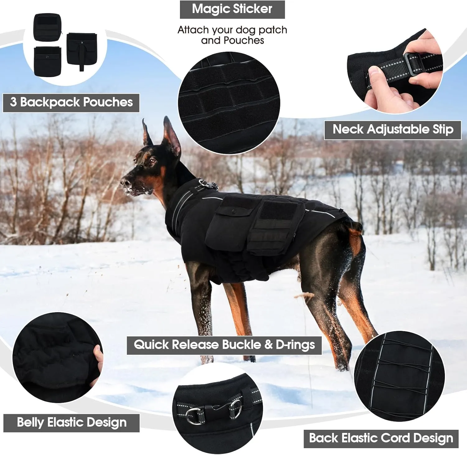 DORA BRIDAL Tactical Winter Coat, Adjustable Military Service Harness for Training, Walking, Hiking, Vest With Molle Panels and 3 Pouches for Small Medium Large Dogs, Black, L