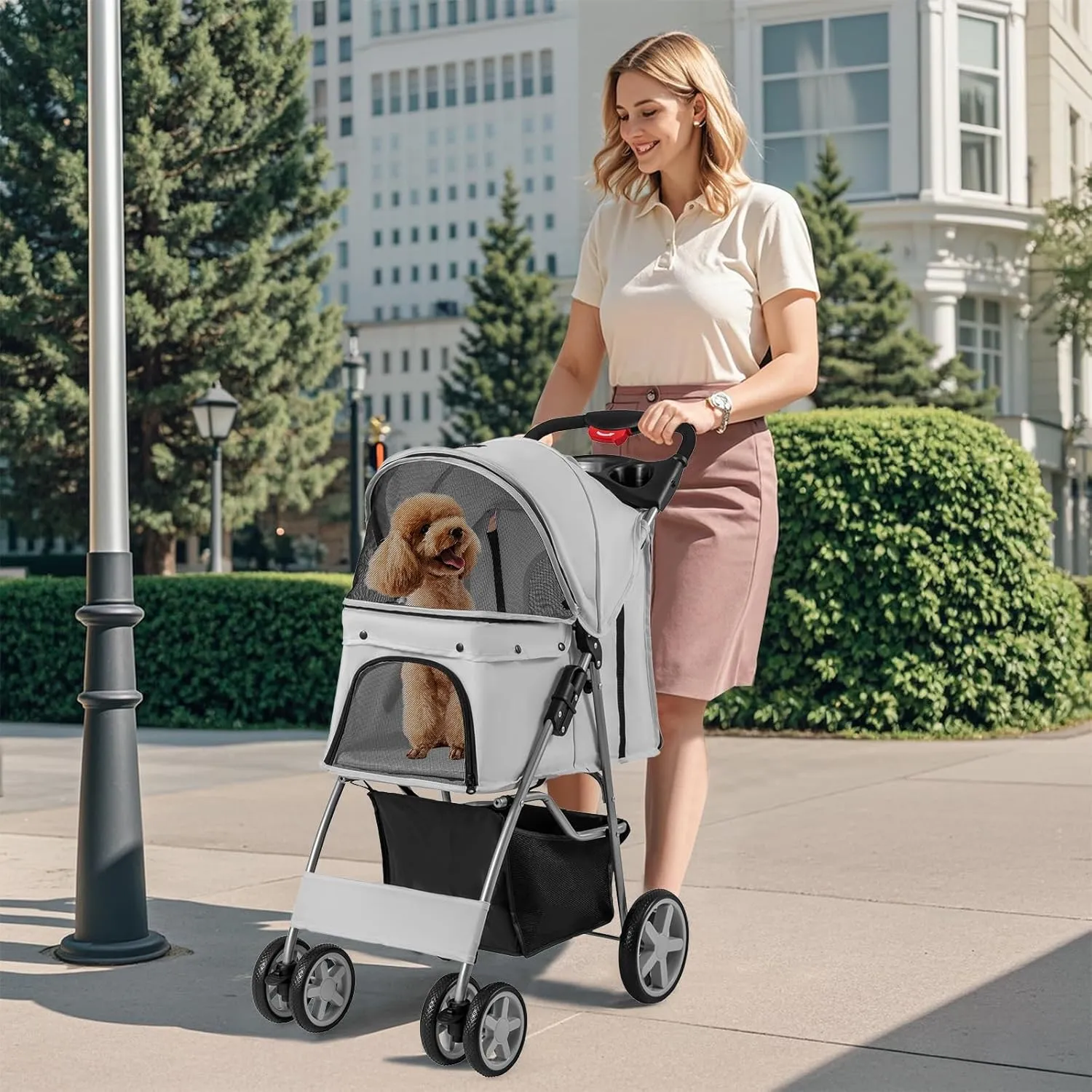 Giantex Folding Dog Stroller for Small Medium Dogs Cats Puppy, 4 Lockable Wheels Cat Stroller Pet Travel Carrier Strolling Cart, Safety Belt, Removable Liner and Storage Basket (Light Gray)