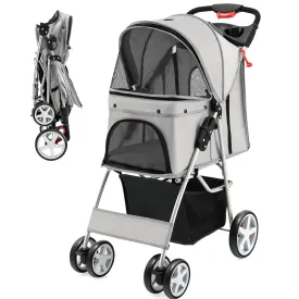 Giantex Folding Dog Stroller for Small Medium Dogs Cats Puppy, 4 Lockable Wheels Cat Stroller Pet Travel Carrier Strolling Cart, Safety Belt, Removable Liner and Storage Basket (Light Gray)