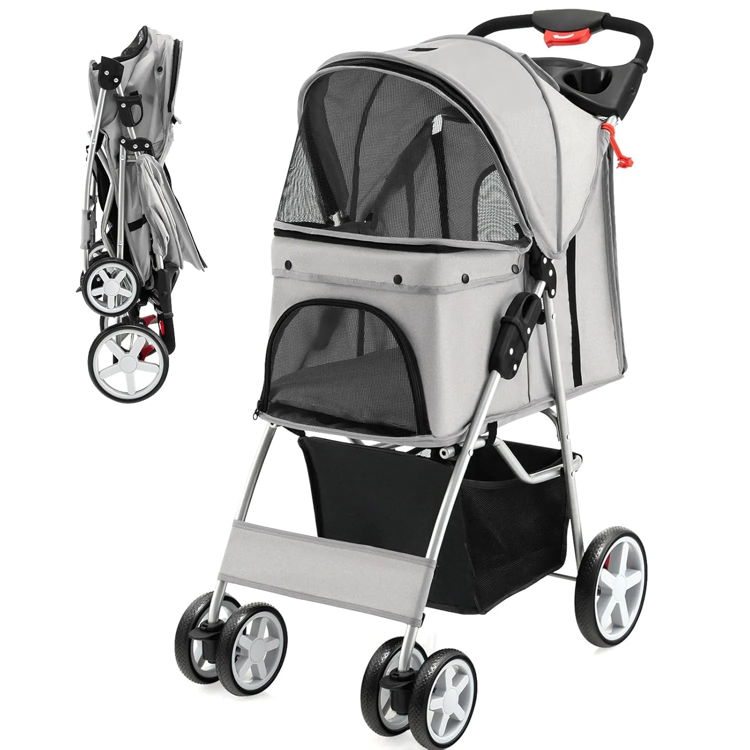 Giantex Folding Dog Stroller for Small Medium Dogs Cats Puppy, 4 Lockable Wheels Cat Stroller Pet Travel Carrier Strolling Cart, Safety Belt, Removable Liner and Storage Basket (Light Gray)