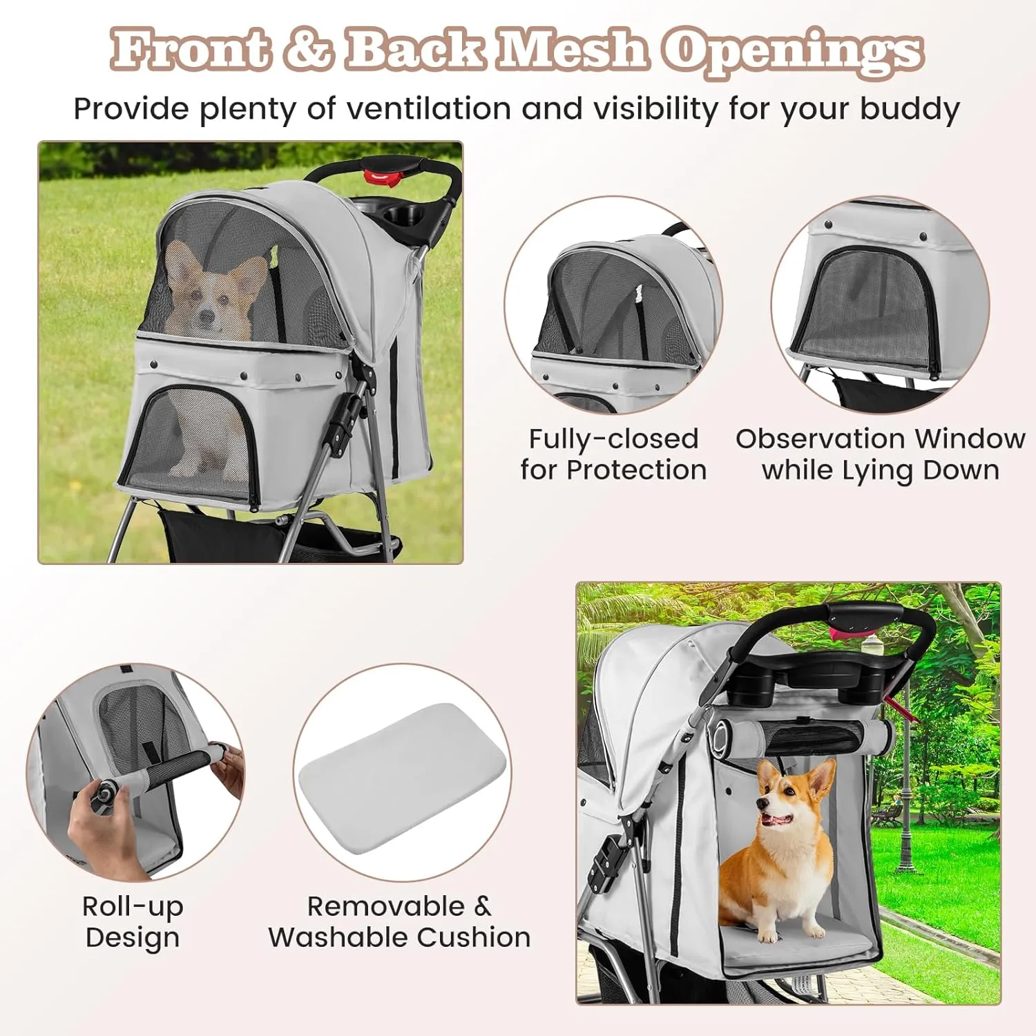 Giantex Folding Dog Stroller for Small Medium Dogs Cats Puppy, 4 Lockable Wheels Cat Stroller Pet Travel Carrier Strolling Cart, Safety Belt, Removable Liner and Storage Basket (Light Gray)