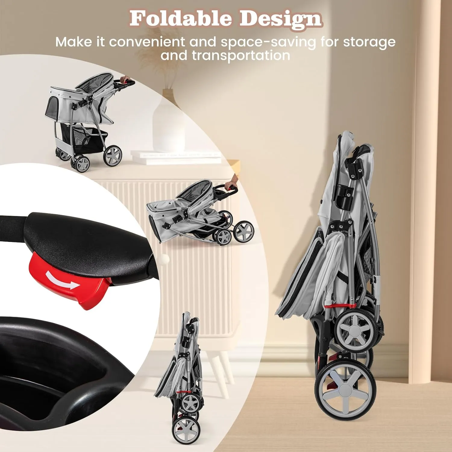 Giantex Folding Dog Stroller for Small Medium Dogs Cats Puppy, 4 Lockable Wheels Cat Stroller Pet Travel Carrier Strolling Cart, Safety Belt, Removable Liner and Storage Basket (Light Gray)