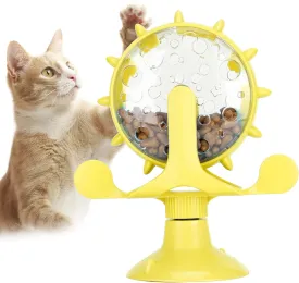 GLOGLOW Cat Food Leakage Toy, Windmill Treat Dispensing Cat Puzzle Food Interactive Toy Kitten Puppy Slow Feeder Snacks Distribution with Powerful Suction Cup (Yellow)