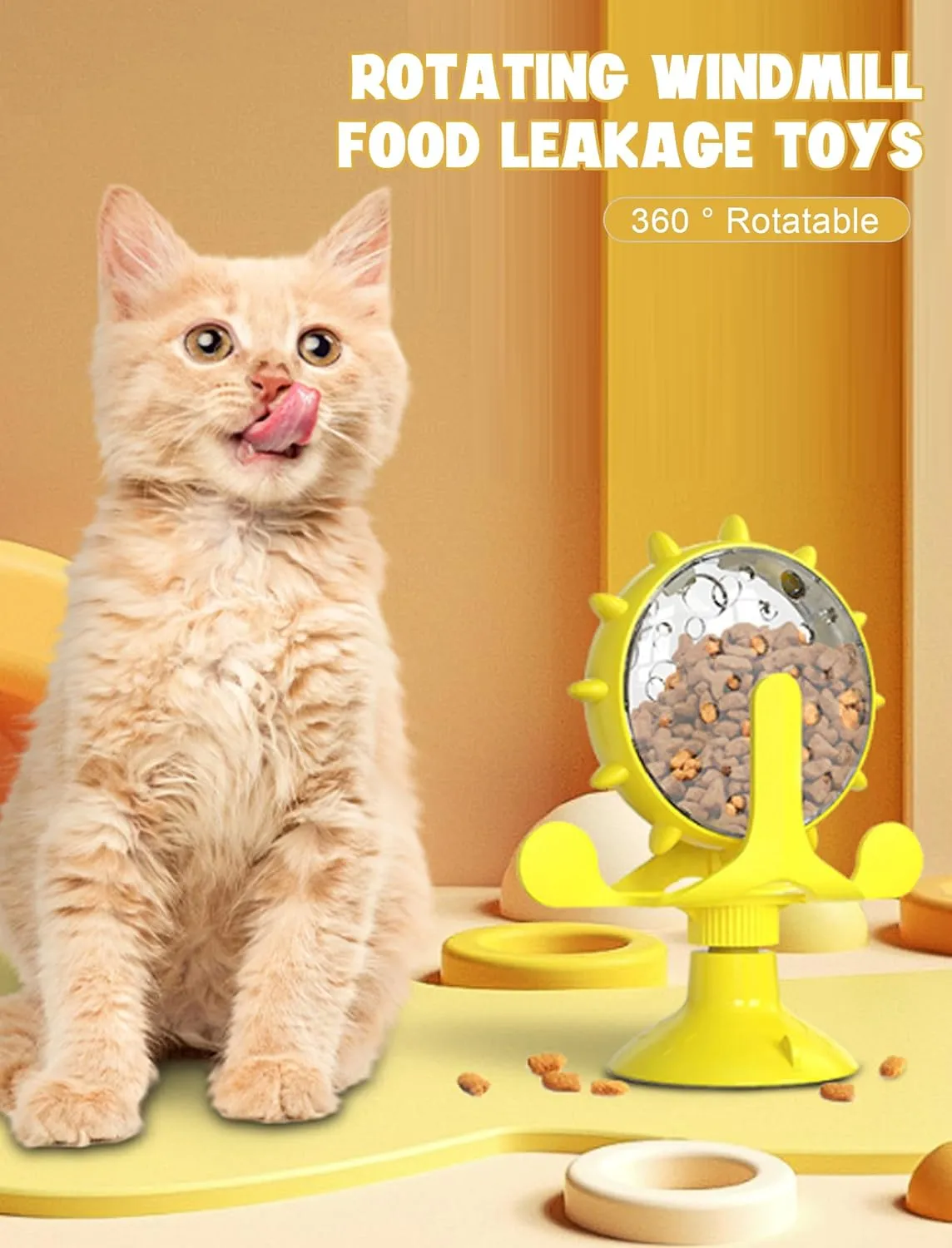 GLOGLOW Cat Food Leakage Toy, Windmill Treat Dispensing Cat Puzzle Food Interactive Toy Kitten Puppy Slow Feeder Snacks Distribution with Powerful Suction Cup (Yellow)