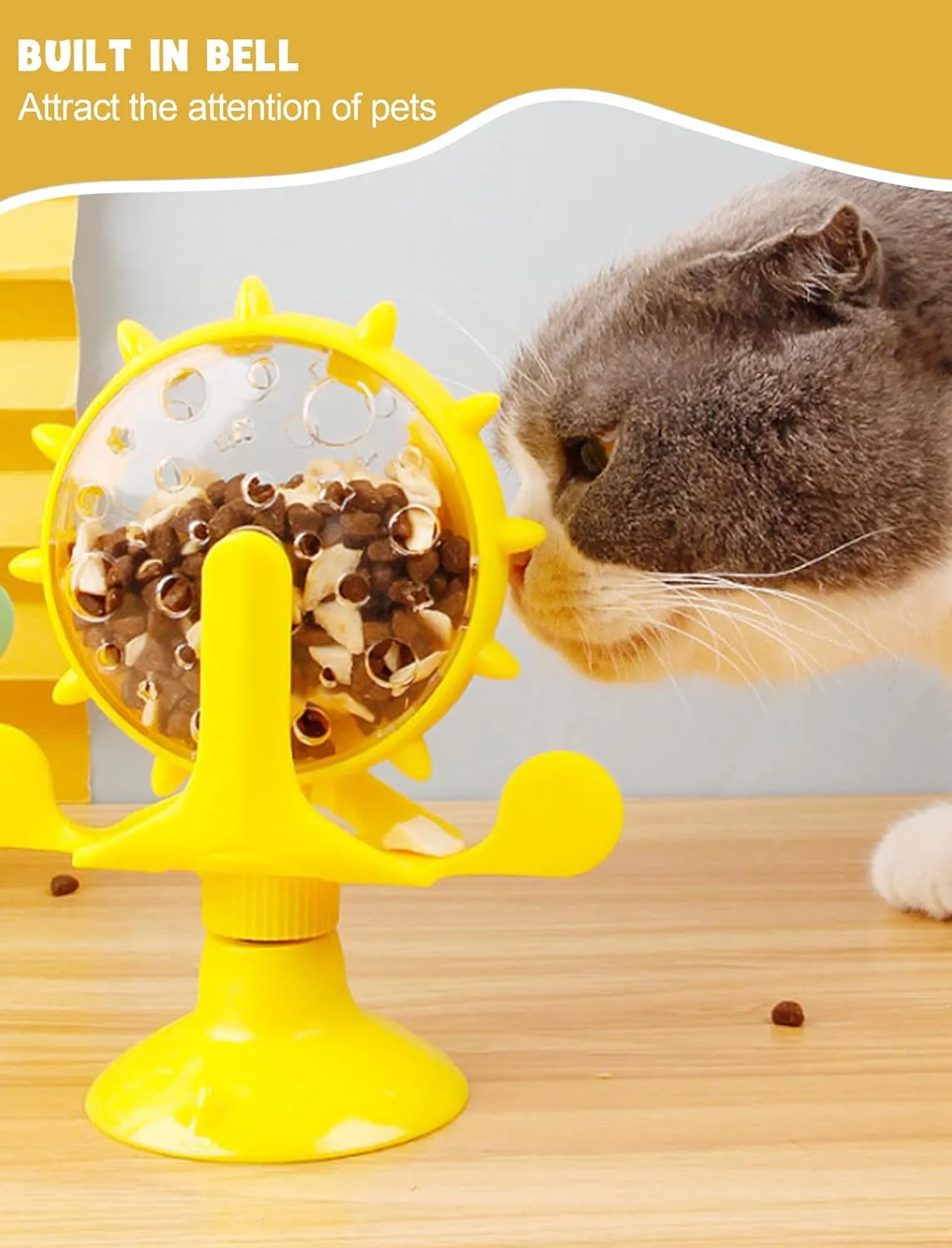 GLOGLOW Cat Food Leakage Toy, Windmill Treat Dispensing Cat Puzzle Food Interactive Toy Kitten Puppy Slow Feeder Snacks Distribution with Powerful Suction Cup (Yellow)
