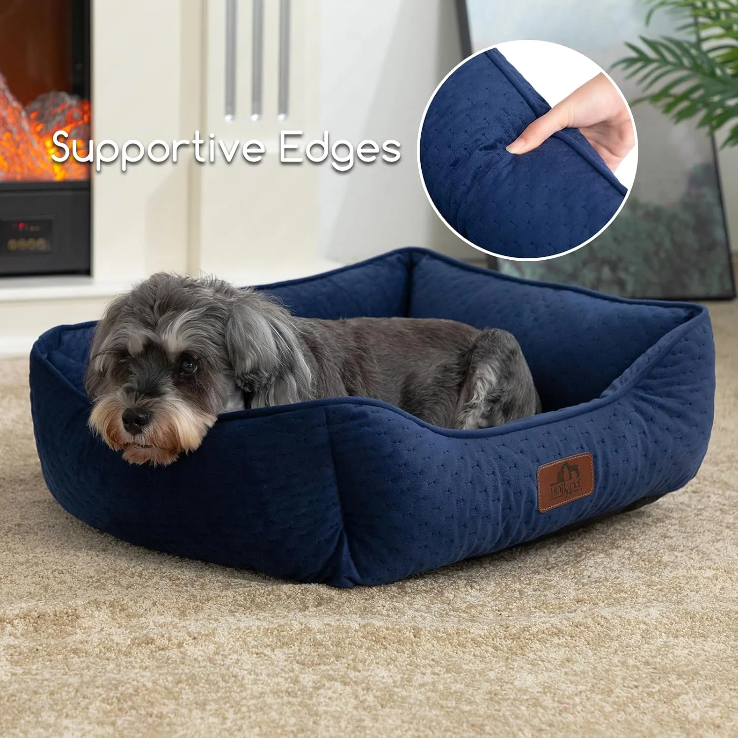 Hollypet Dog Cat Bed for Medium Small Dogs Puppy Indoor Cats, Microwave Quilted Rectangle Washable Soft Calming Sleeping Durable Pet Cuddler Bed with Anti-Slip Bottom, S, Deep Blue