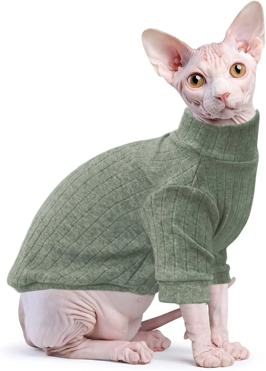 Idepet Sphynx Hairless Cats Sweater Shirt Kitten Soft Puppy Clothes Pullover Cute Cat Pajamas Jumpsuit Cotton Apparel Pet Winter Turtleneck for Cats and Teacup Chihuahua Small Dogs(Green,L)