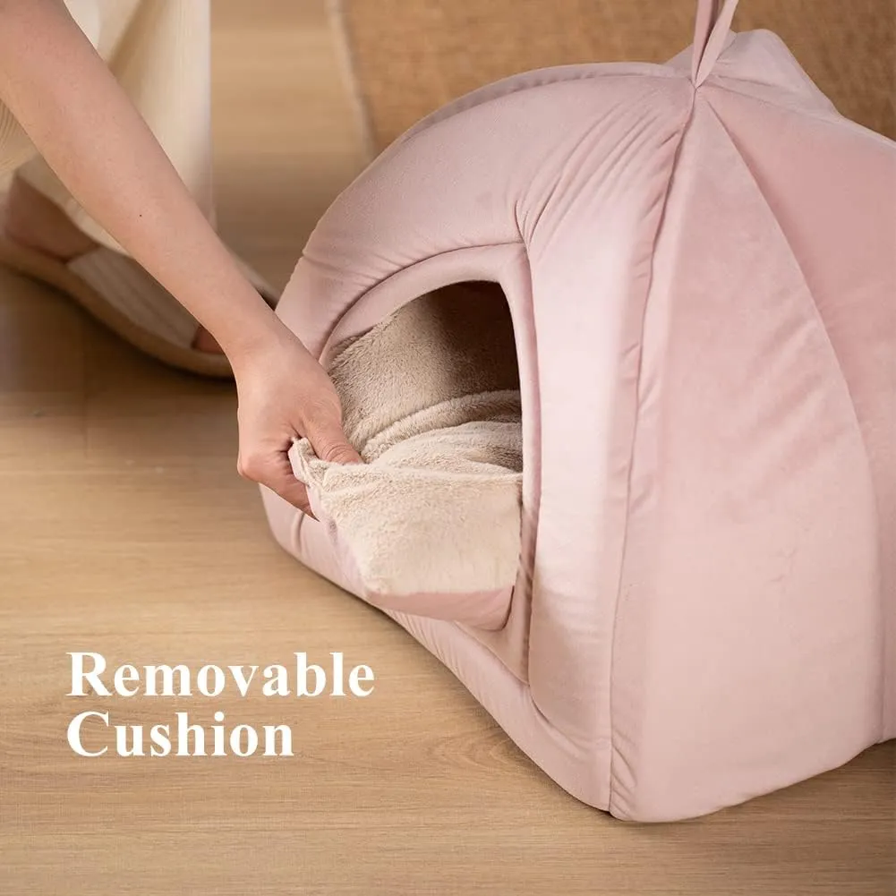 KASENTEX Cat Bed for Indoor Cats, 2-in-1 Cat House Pet Supplies for Kitten and Small Cat or Dog - Animal Cave, Cat Tent with Removable Washable Pillow Cushion (Pink 15x15x15), Medium