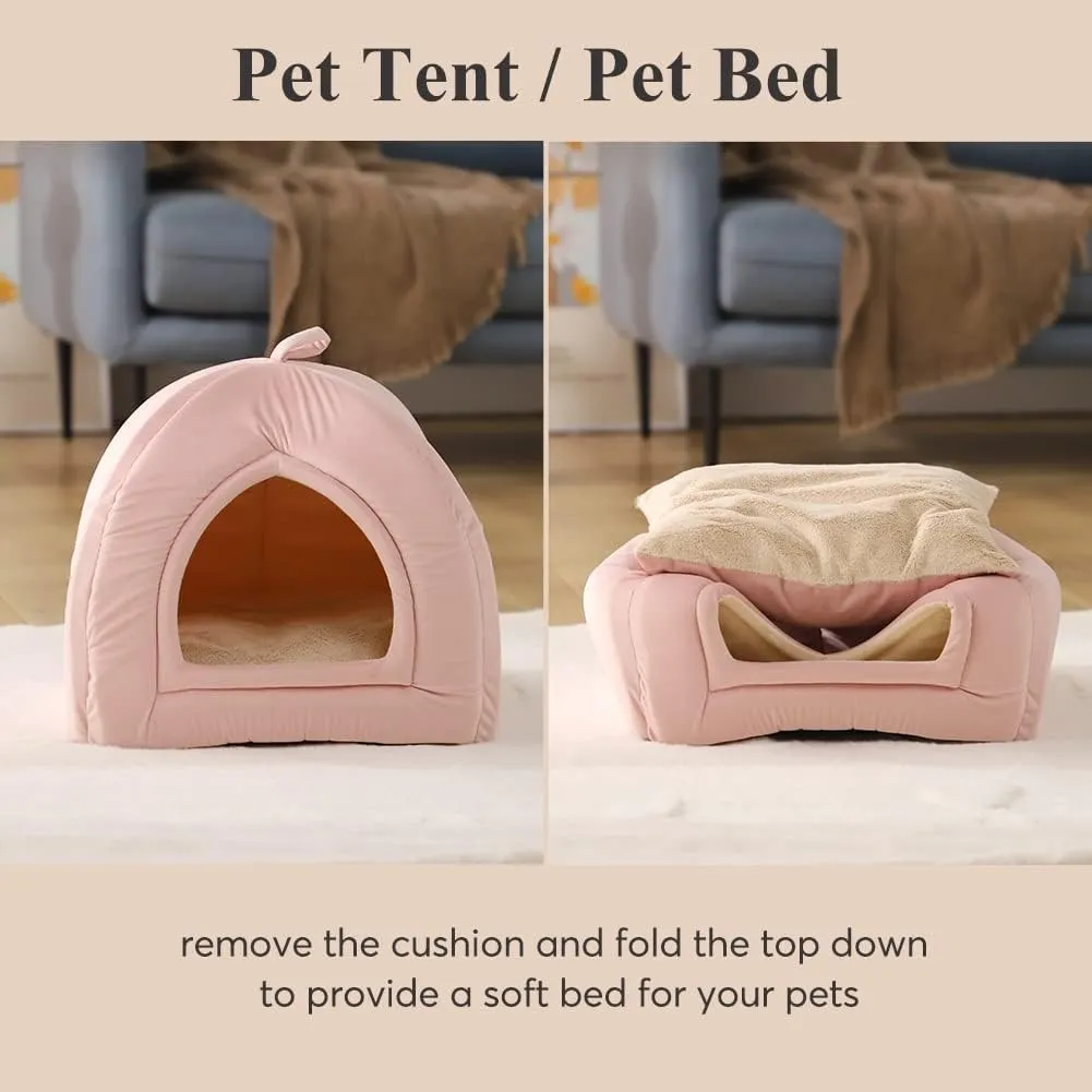 KASENTEX Cat Bed for Indoor Cats, 2-in-1 Cat House Pet Supplies for Kitten and Small Cat or Dog - Animal Cave, Cat Tent with Removable Washable Pillow Cushion (Pink 15x15x15), Medium