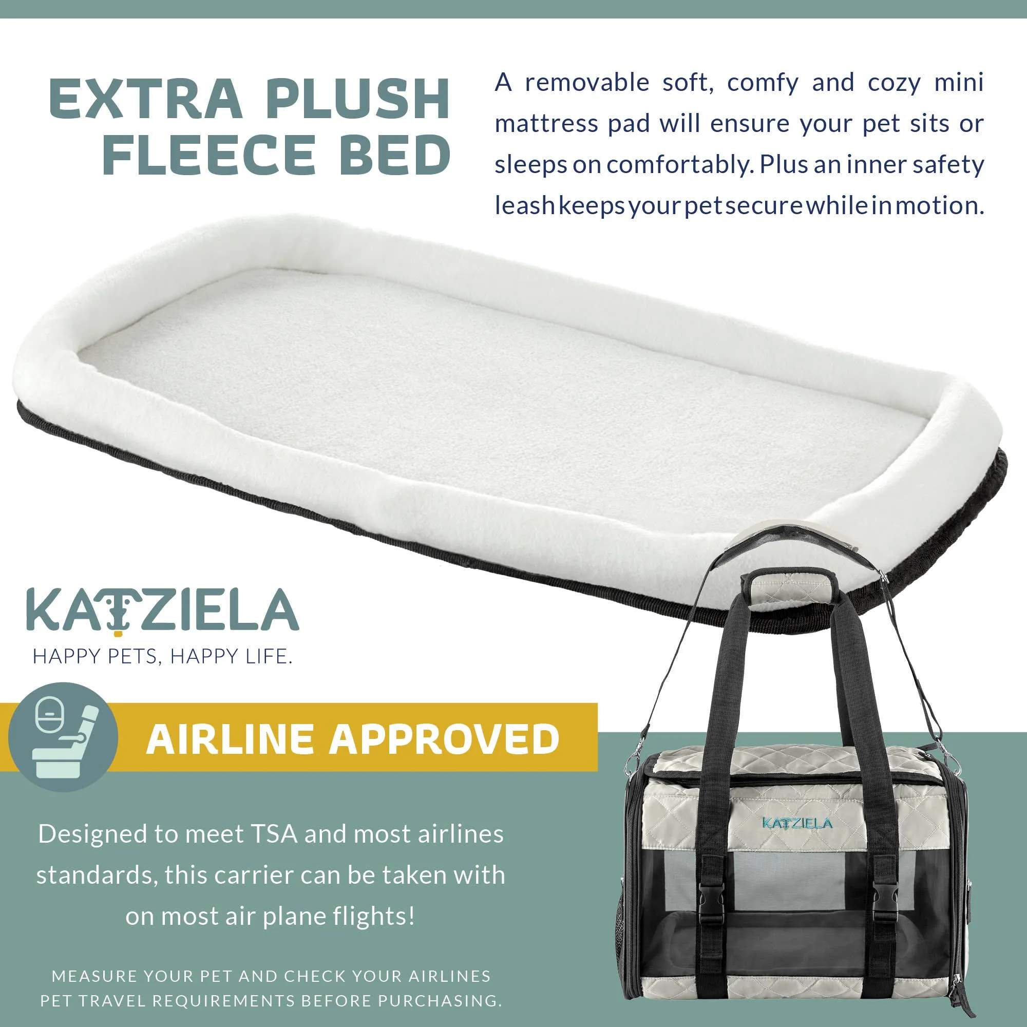 Katziela - Airline Approved Quilited Companion Cat & Dog Carrier Gray